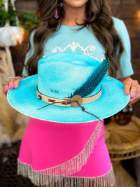 Thumbnail for Couture wide brim hat with feather in turquoise.