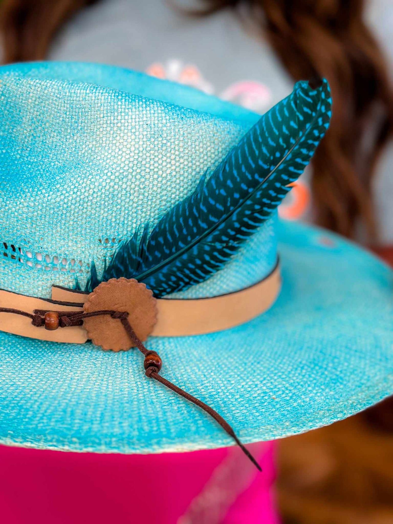 Turquoise wide brim  hat with feather for women.