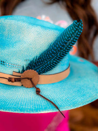 Thumbnail for Turquoise wide brim  hat with feather for women.