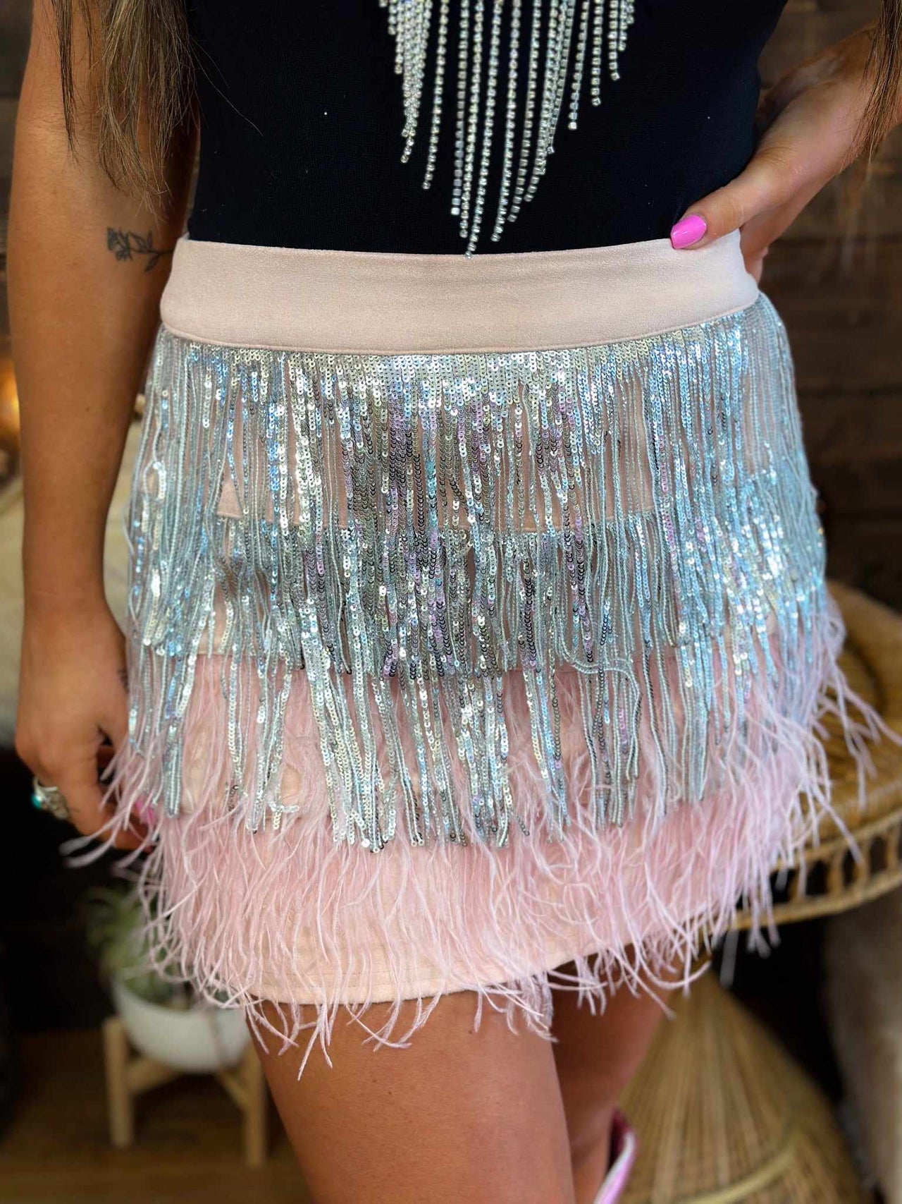 Party All Night Fringe Fur Sequin Mini Skirt