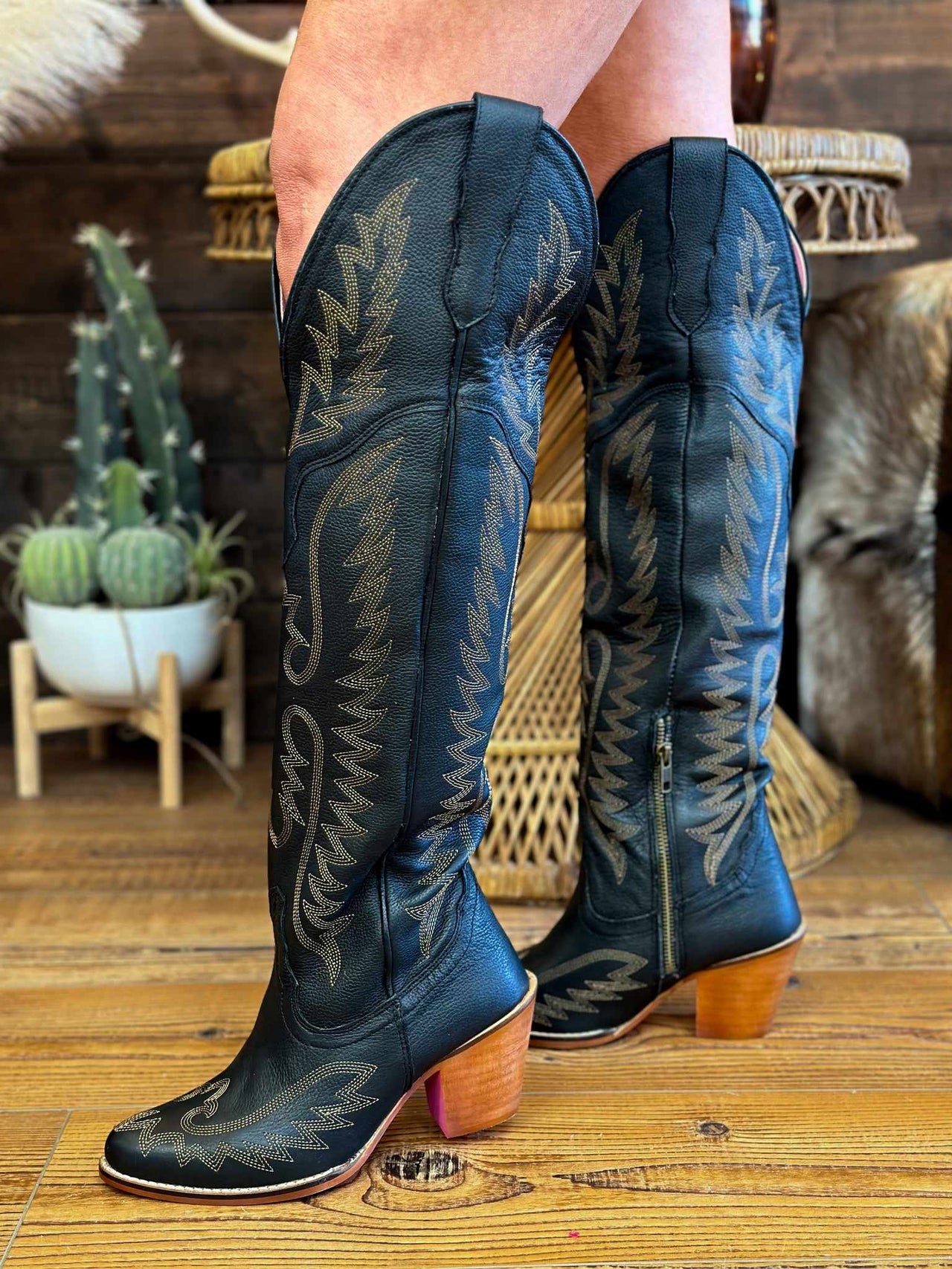 Black Knight — Knee High Leather Western Boots