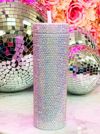 Thumbnail for Silver iridescent rhinestone travel tumbler with straw.