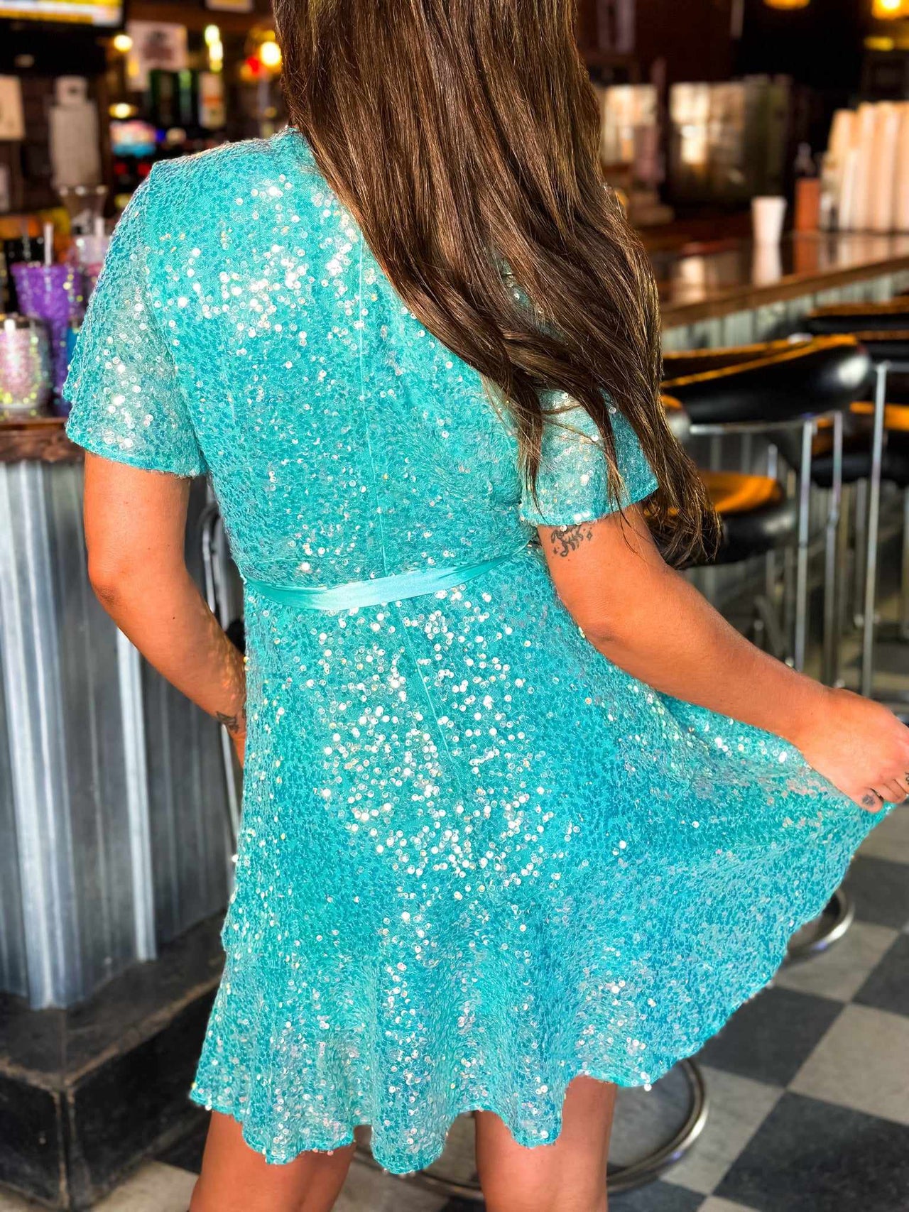 Hello Darlin Turquoise Sequin Short Sleeve Dress