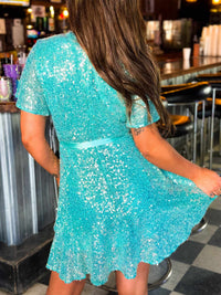 Thumbnail for Hello Darlin Turquoise Sequin Short Sleeve Dress