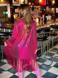 Thumbnail for Pink sequin duster with fringe hem.