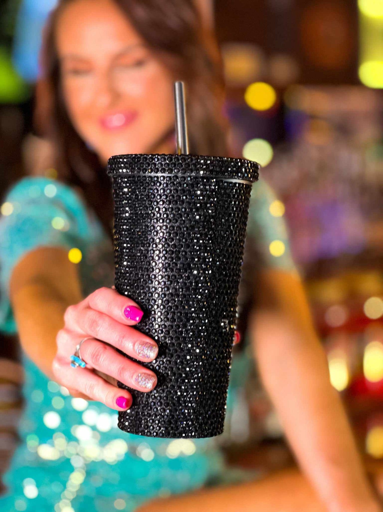 Black Rhinestone Travel Cup with Stainless steel straw.