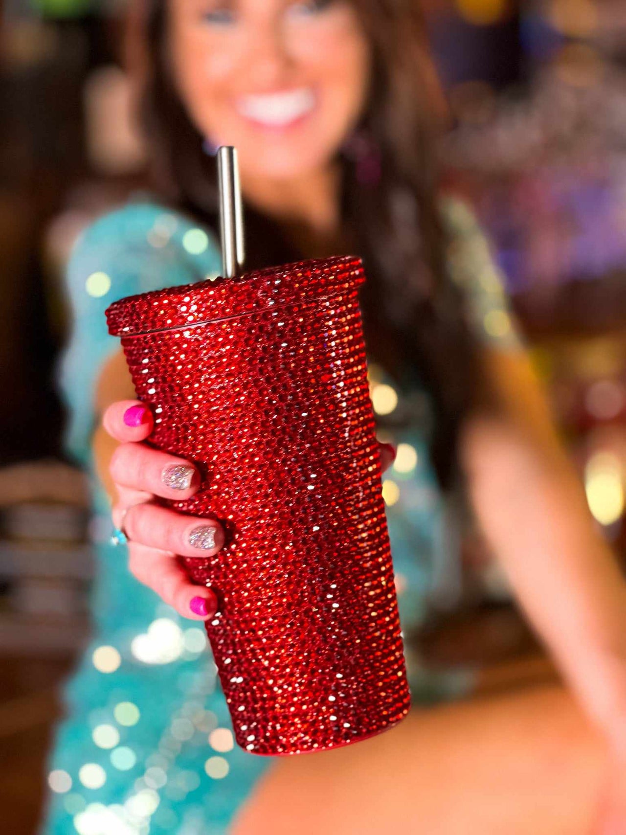 Red rhinestone stainless steel travel cup.