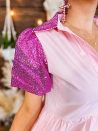 Thumbnail for Let's Go Girls Pink Sequin Babydoll Dress