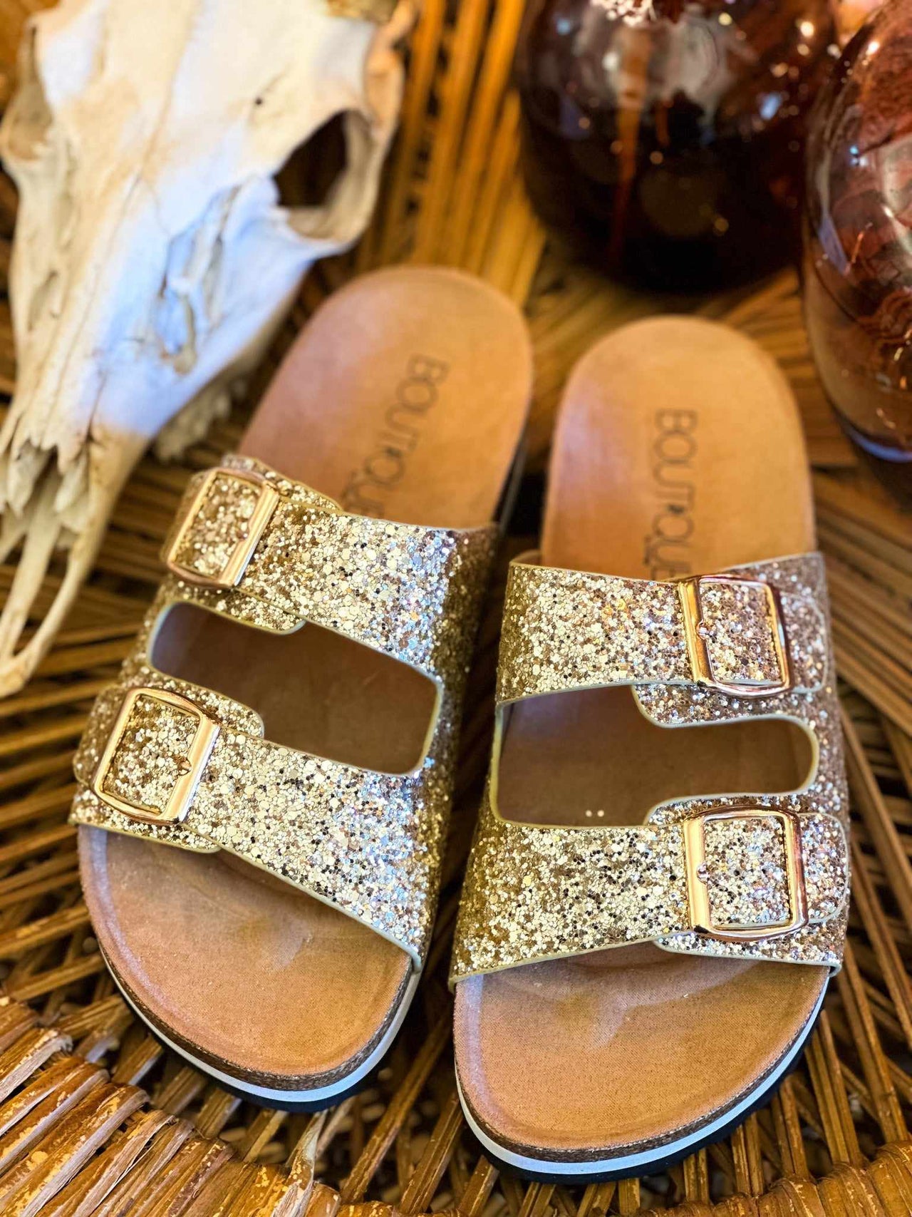 Beach Babe Glitter Sandal Slides - Gold