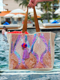 Thumbnail for Sequin Aztec print canvas tote bag.