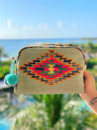 Thumbnail for Aztec print canvas makeup bag.