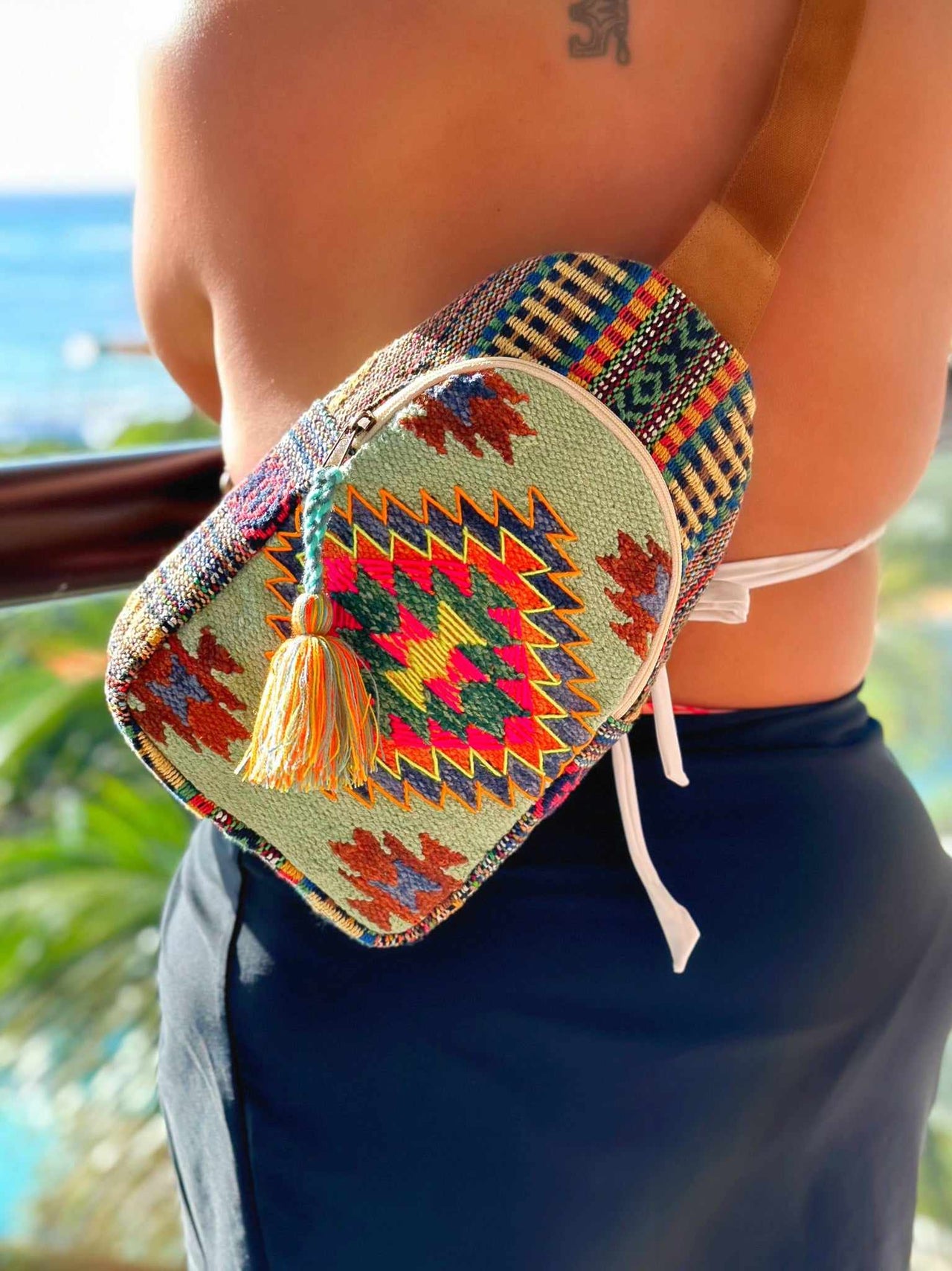 Aztec print canvas sling bag