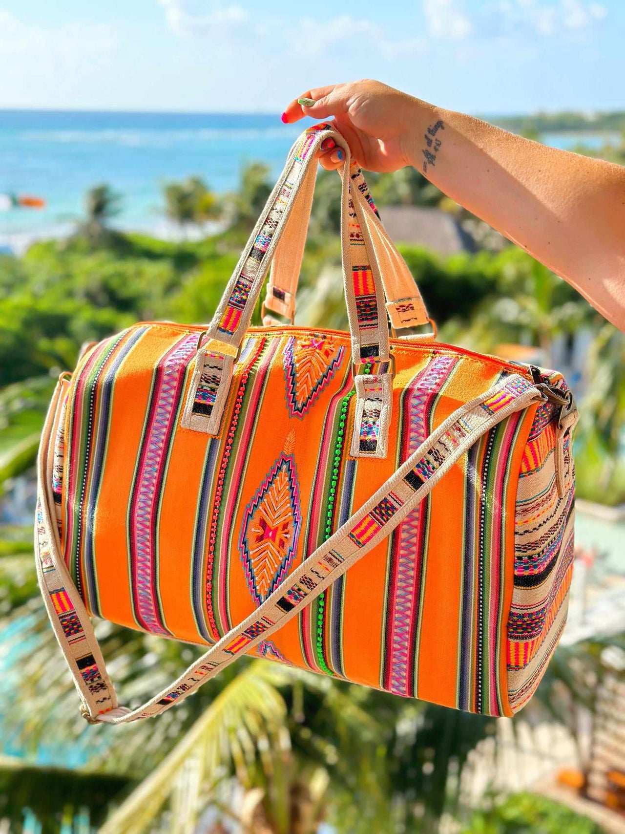 Striped Aztec weekender bag.