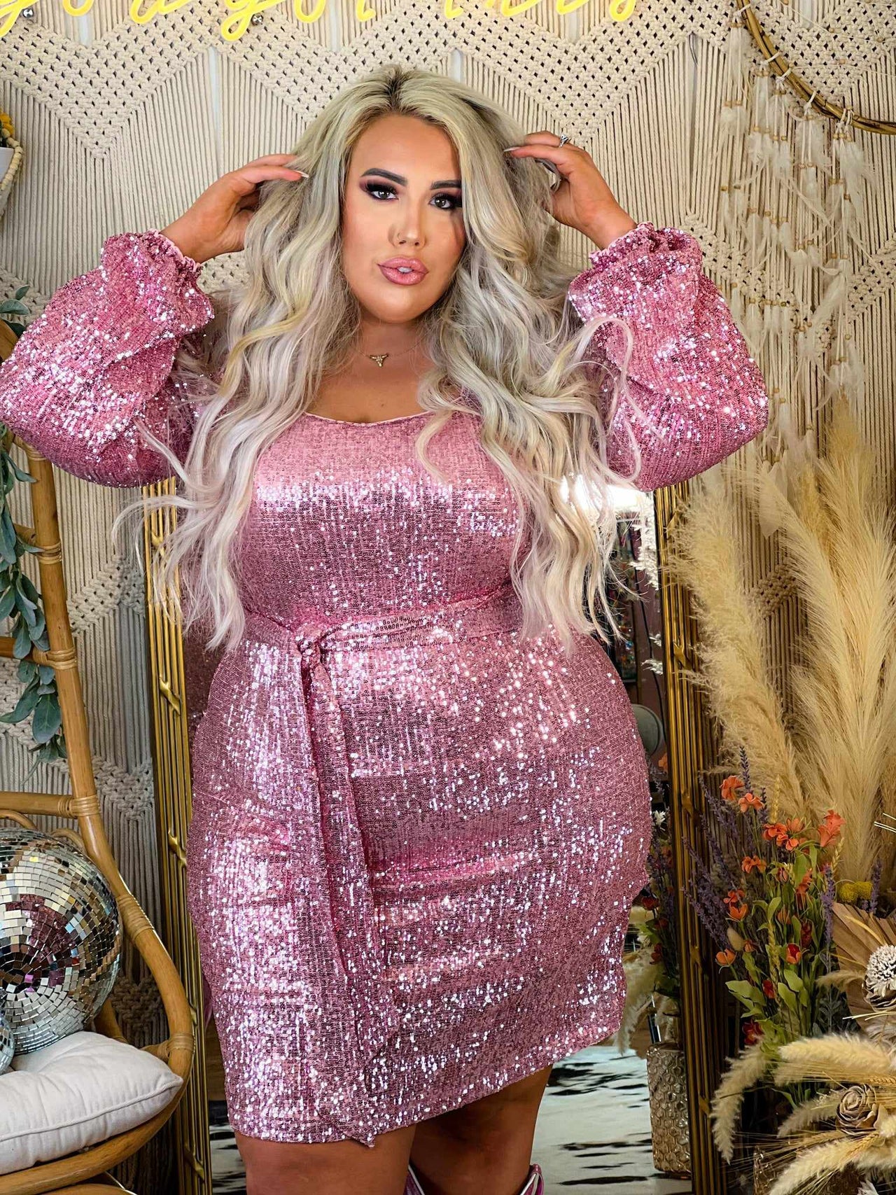 Rose Gold Short Sequin Dress with Long Sleeves