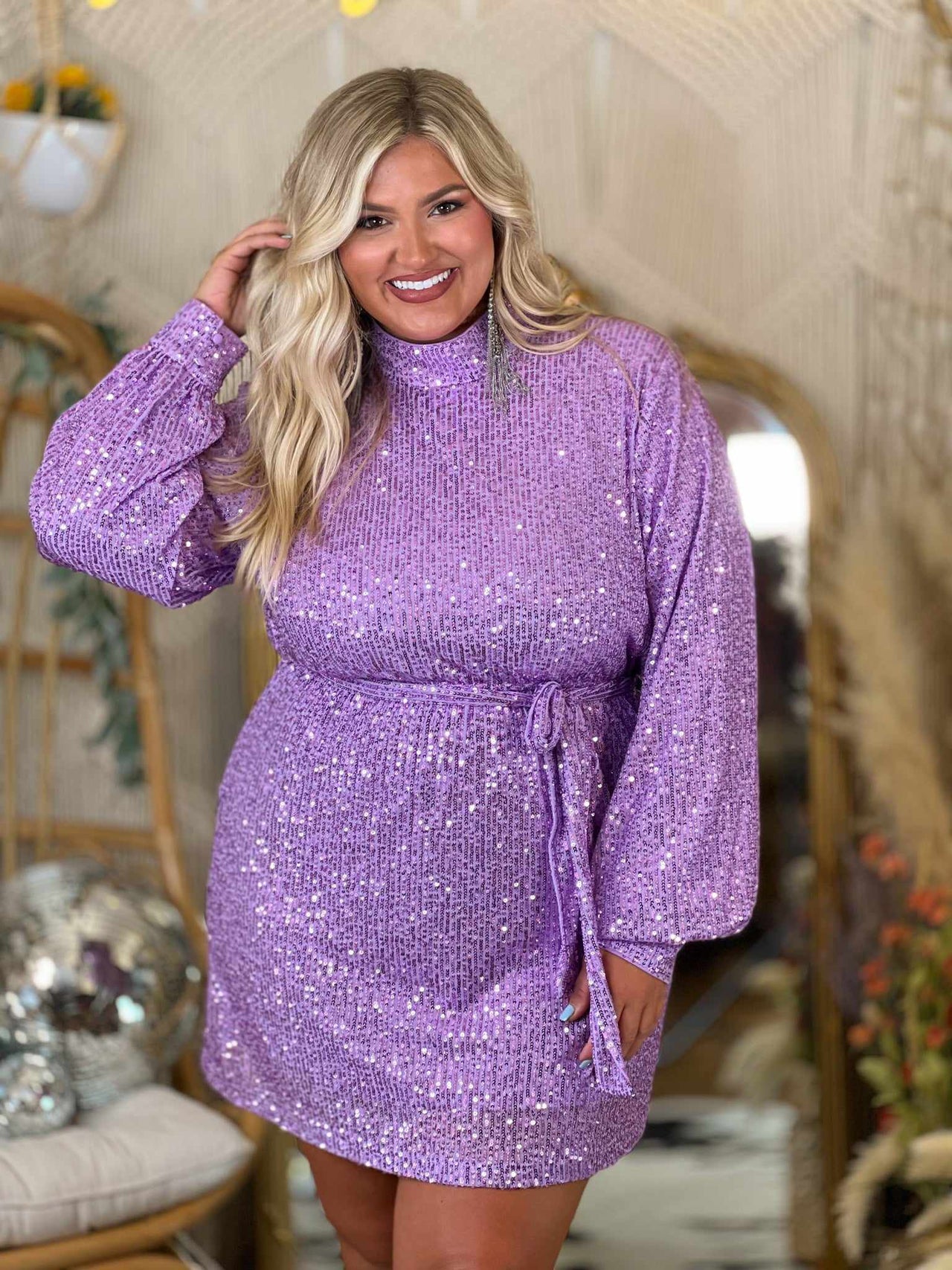 Modest short sequin dress in purple.