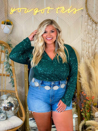 Thumbnail for Green Long sleeve bodysuit top in sequins.