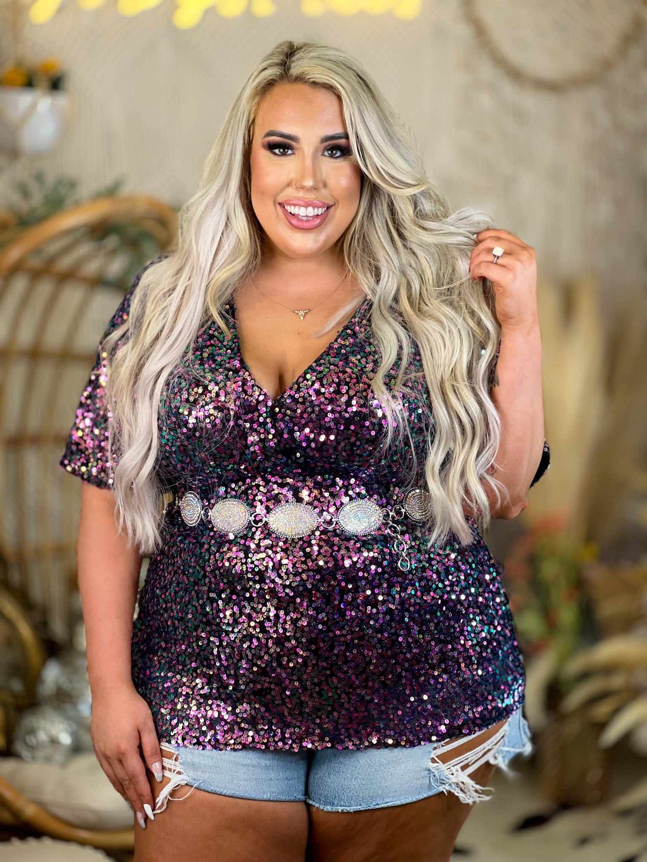 plus size sequin babydoll top.
