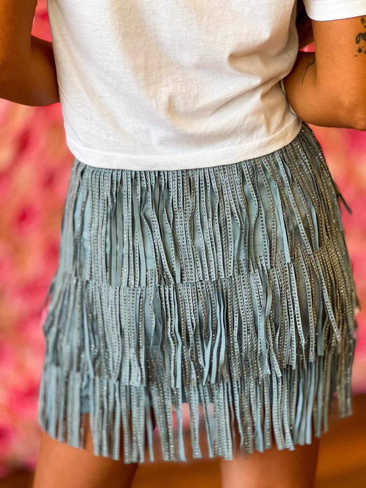 Premium Flirty Fringe Slate Blue Mini Skirt
