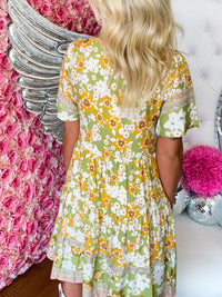 Thumbnail for Flirty Little V-Neckline Floral Print Midi Dress - Lime