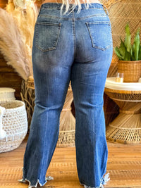 Thumbnail for mid rise boot cut distressed blue jeans