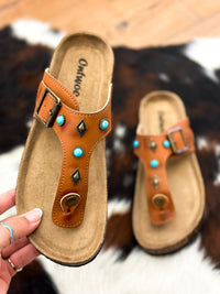 Thumbnail for WEstern brown slide sandals with turquoise stones