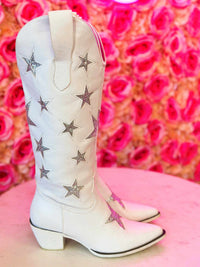 Thumbnail for Silver star cowgirl boots in white.