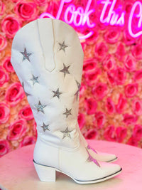 Thumbnail for White Wide leg western boots with silver stars