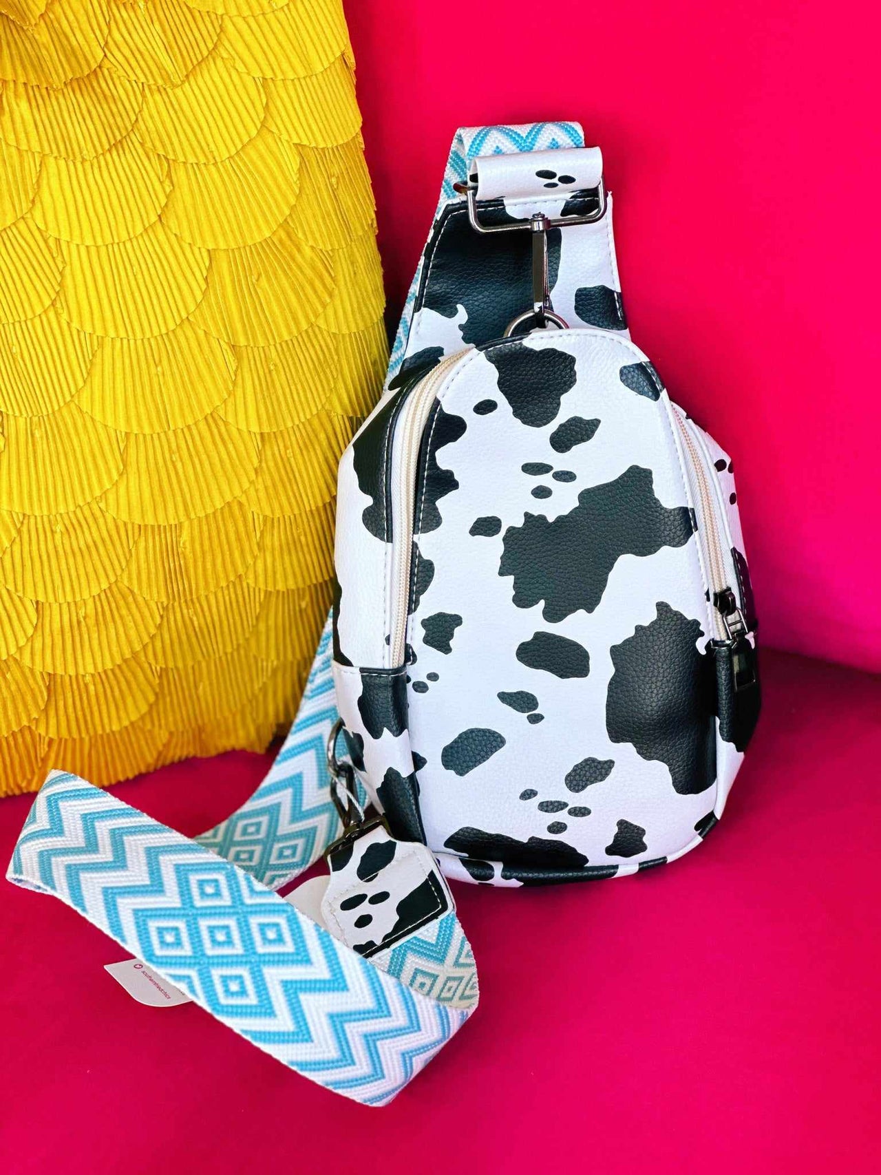 PREMIUM On The Go Cow Print With Diamond Turquoise Strap Sling Bag