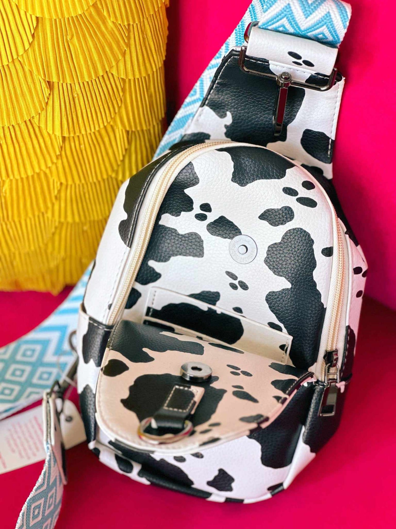 PREMIUM On The Go Cow Print With Diamond Turquoise Strap Sling Bag