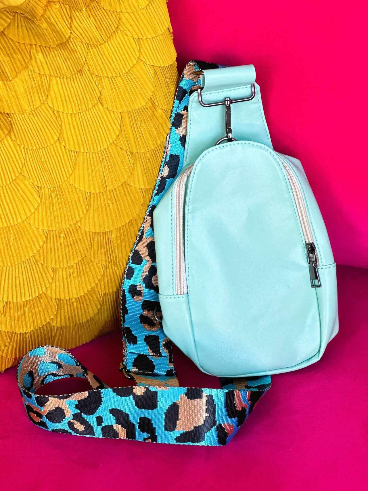 PREMIUM On The Go Mint With Leopard Strap Sling Bag