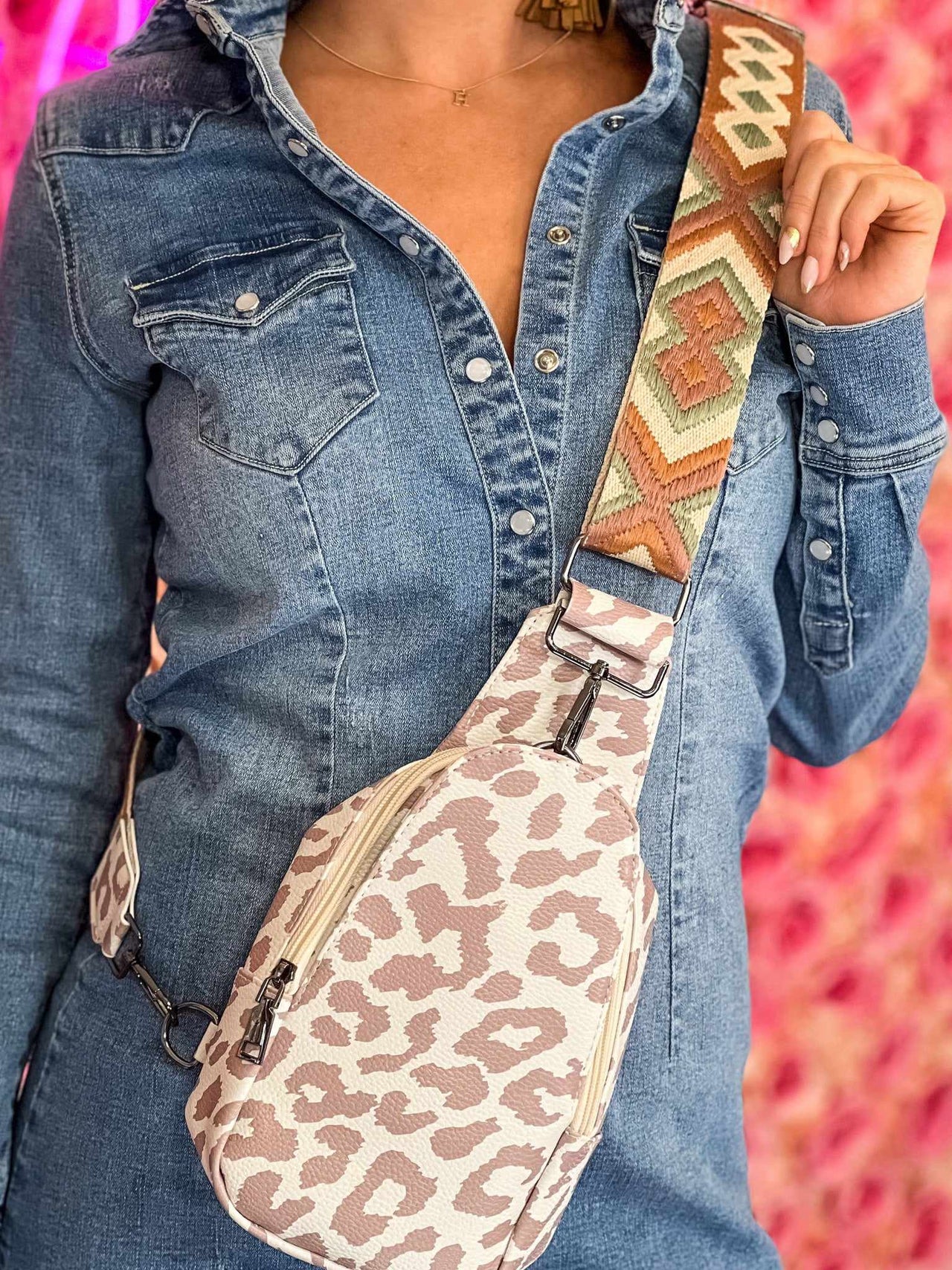 Vegan Leather cream leopard print sling bag mini backpack purse with neutral aztec print strap.