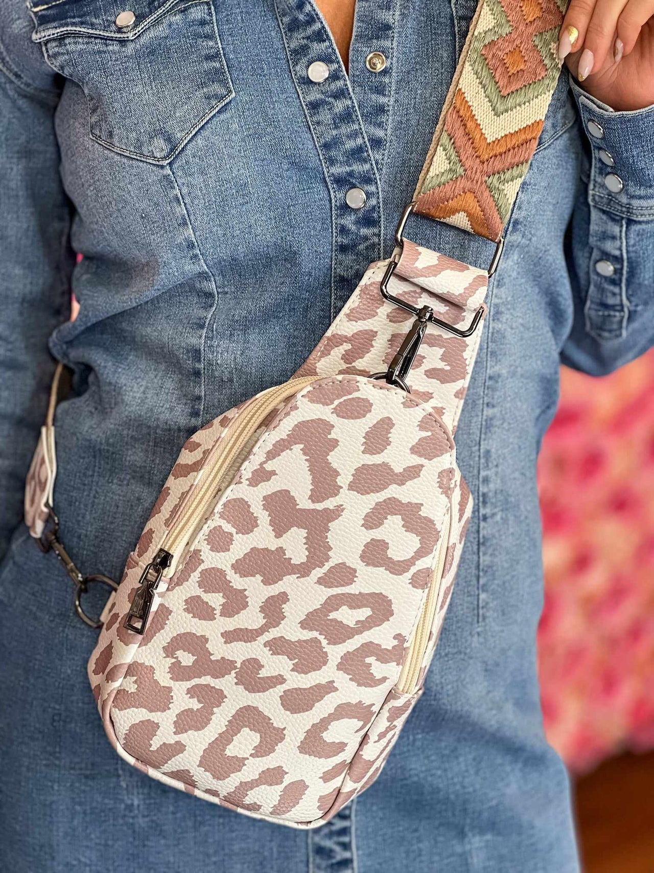 PREMIUM On The Go Leopard And Multi Aztec Sling Bag