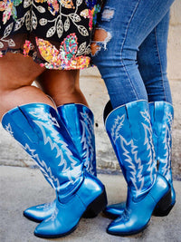 Thumbnail for Iridescent blue cowgirl boots in regular and wide calf.