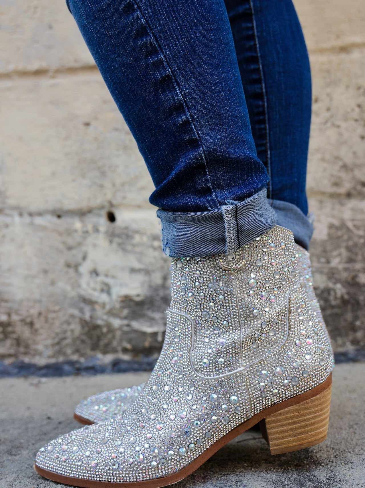 Silver rhinestone short boots with heels