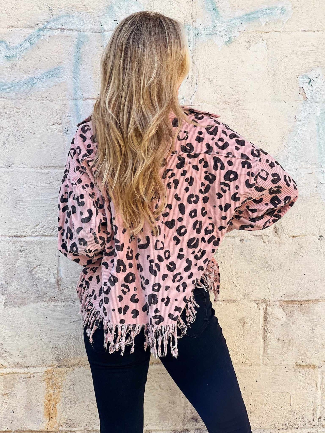 Pink leopard shirt jacket with fringe