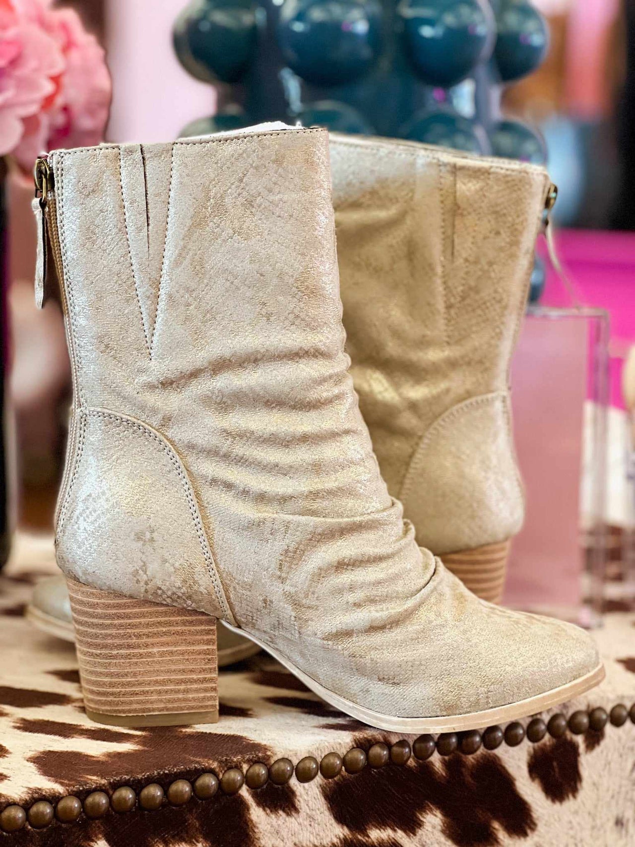 Snake print ruched cream booties