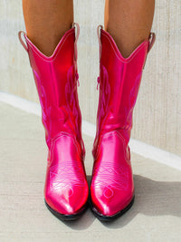 Thumbnail for High Vibin' Me Metallic Hot Pink Mid Rise Boots