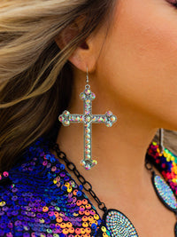 Thumbnail for Silver Cross Earring - Iridescent