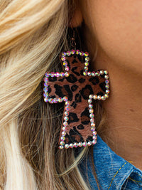 Thumbnail for Crystal Cross Leopard Brown Earrings