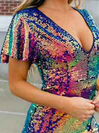 Thumbnail for V-neck ruffle sleeve rainbow sequin party dress.