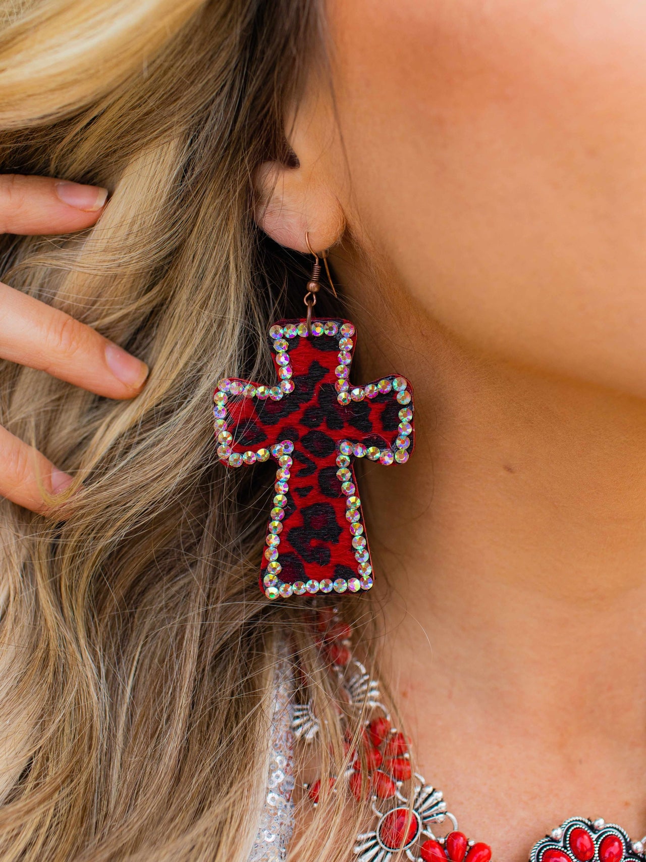 Crystal Cross Leopard Red Earrings
