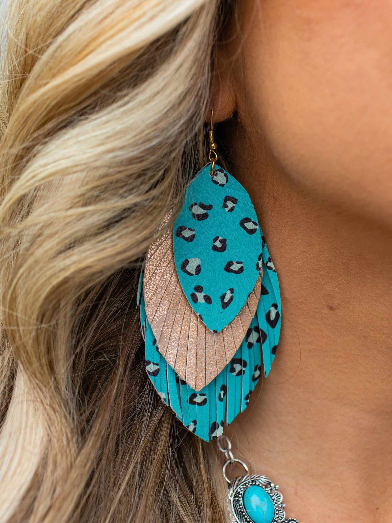 Tribal Leopard Gold Turquoise Earrings