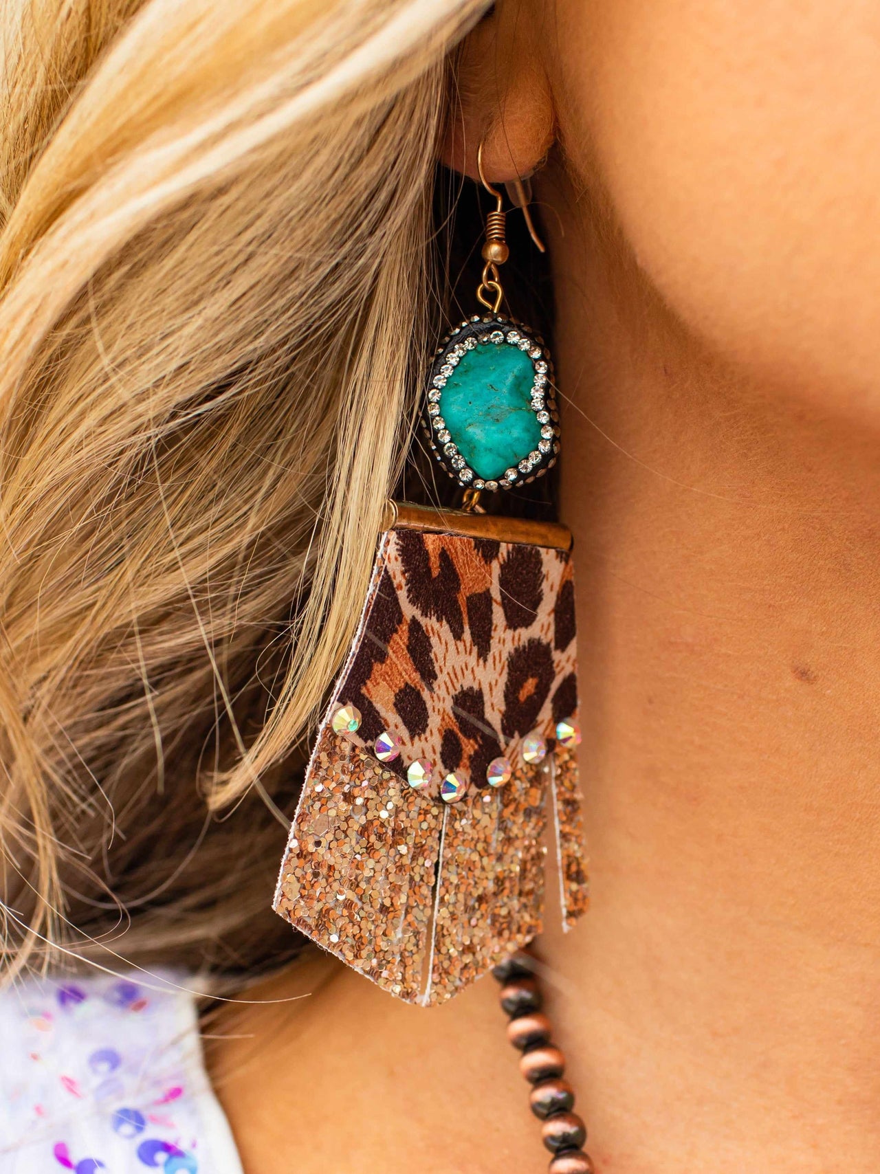 Glitzy Leopard Square Turquoise Stone Earrings