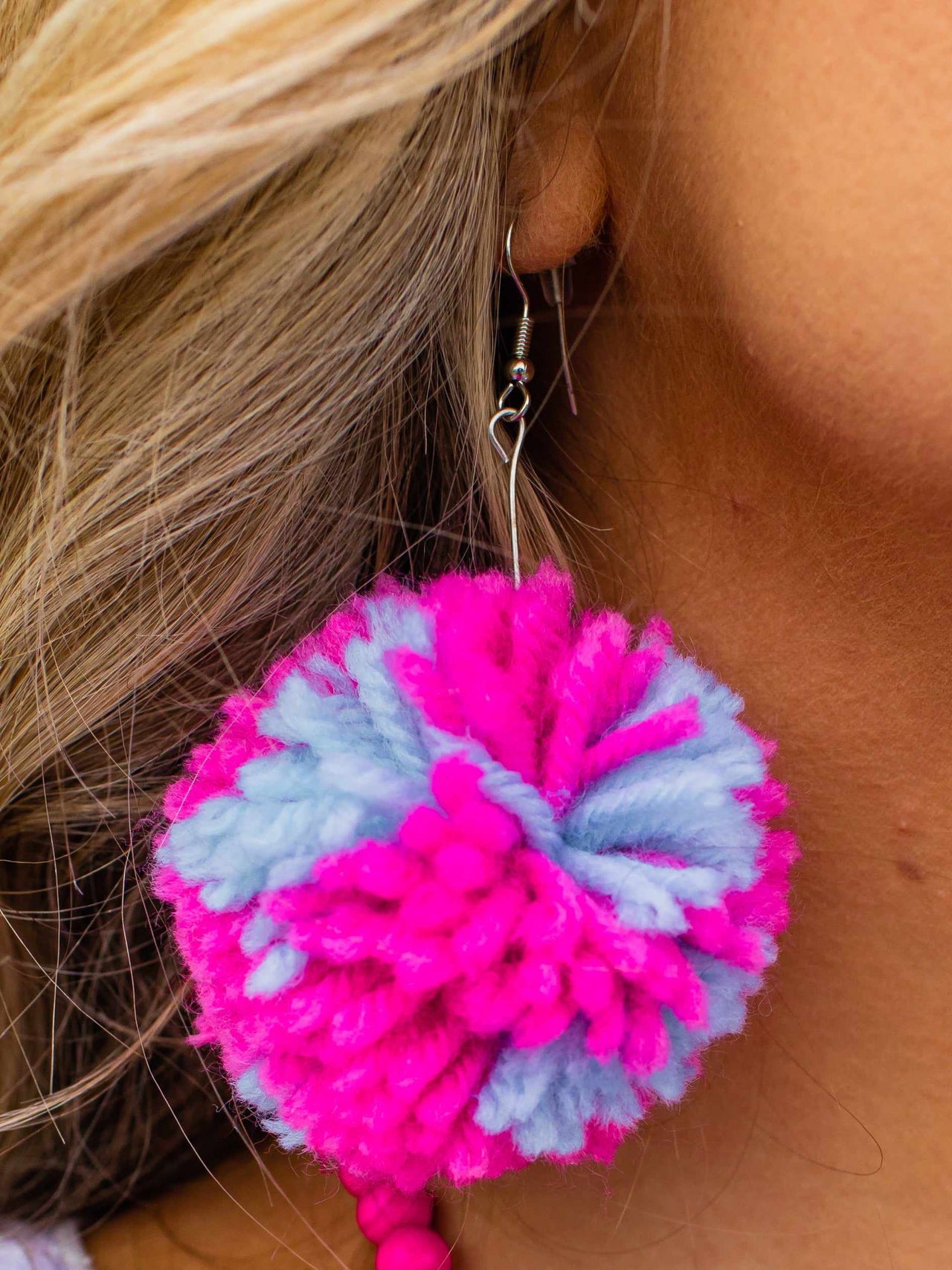 Big Pom Puffer Earrings - Pink and Blue