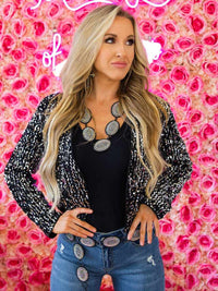 Thumbnail for Silver and black sequin blazer.
