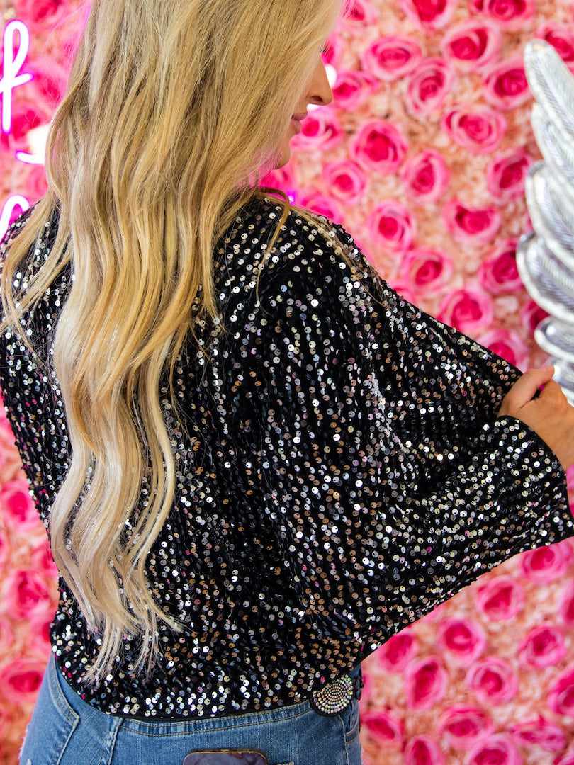 Dancing Around Black and Silver Sequin Cropped Blazer