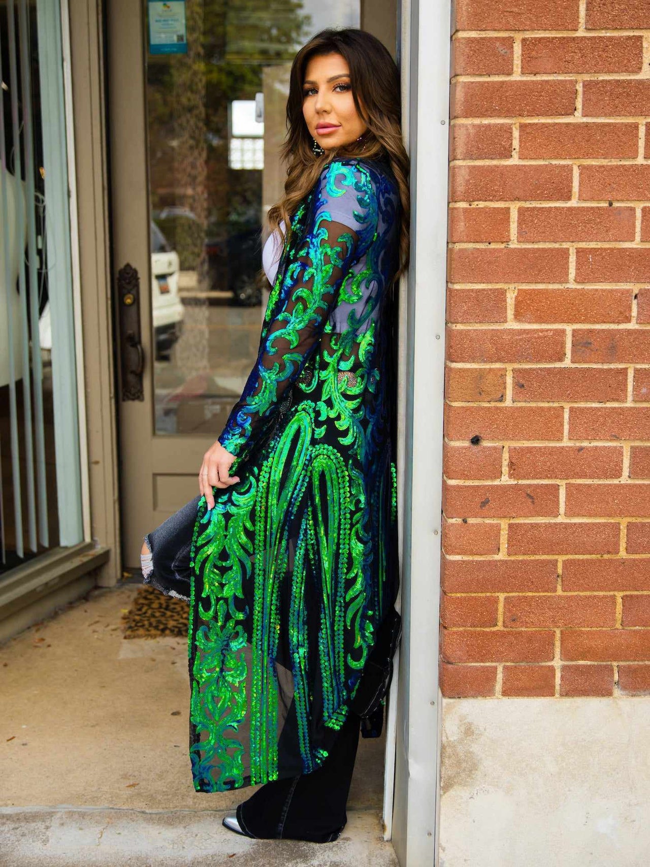 The Royal Sequin Duster - Turquoise and Mustard - ShopperBoard