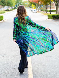 Thumbnail for Emerald and peacock sequin kimono style duster.