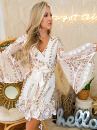 Thumbnail for White dress with Gold floral sequins and bell sleeves.