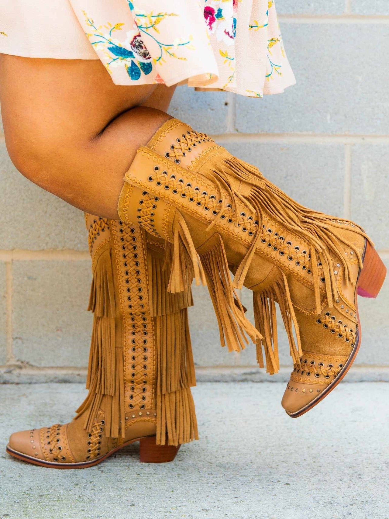 All Around The Fringe — Wide Calf Western Fringe Boots in Tan Leather